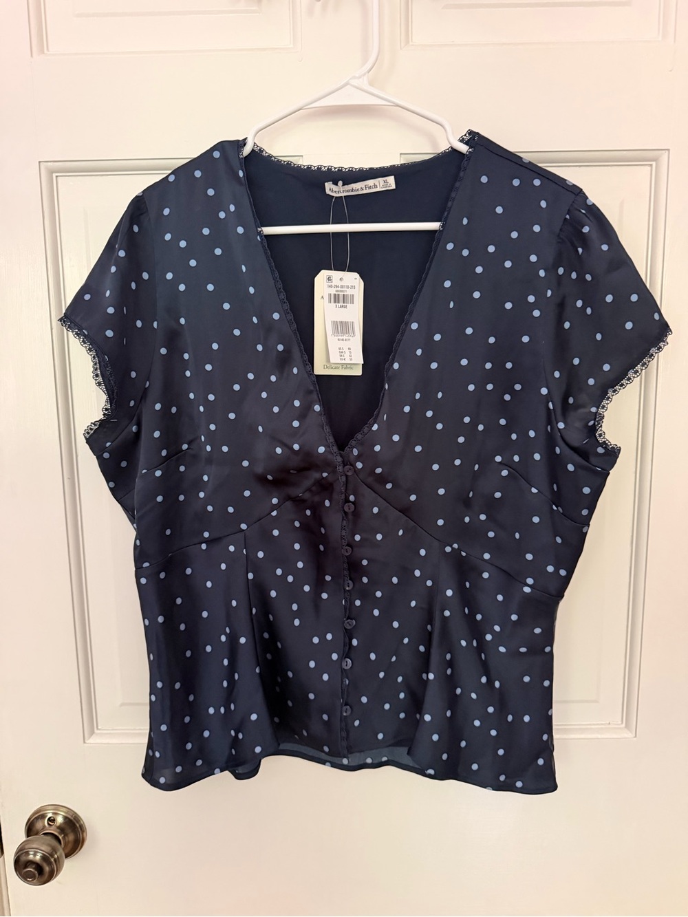 Abercrombie Polka Dot V-Neck Satin Top - Navy Blue